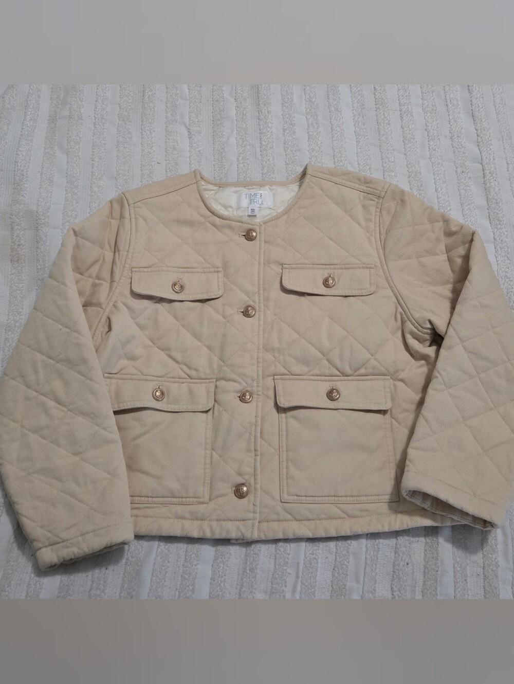 Time and Tru - Quilted Jacket with Button Pockets - Cream